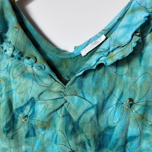 Y2K 2000s Floral Ruffle V-Neck Crop Tank Top – Turquoise Tie-dye – 90s RomCom - Picture 5 of 9